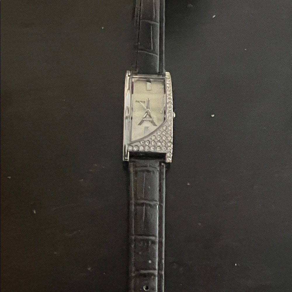 Classic Black Leather Strap Watch with Crystal Accents